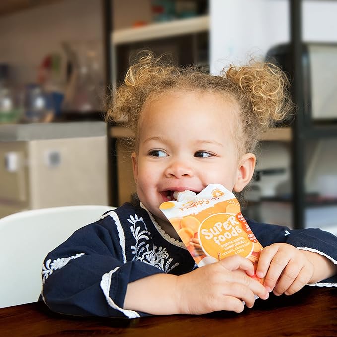 HAPPYTOT Organics Stage 4 Baby Food Pouches, Gluten Free, Vegan Snack, SuperFoods Fruit & Veggie Puree, Bananas, Peaches, Mangos & Chia, 4.22 Ounce (Pack of 16)