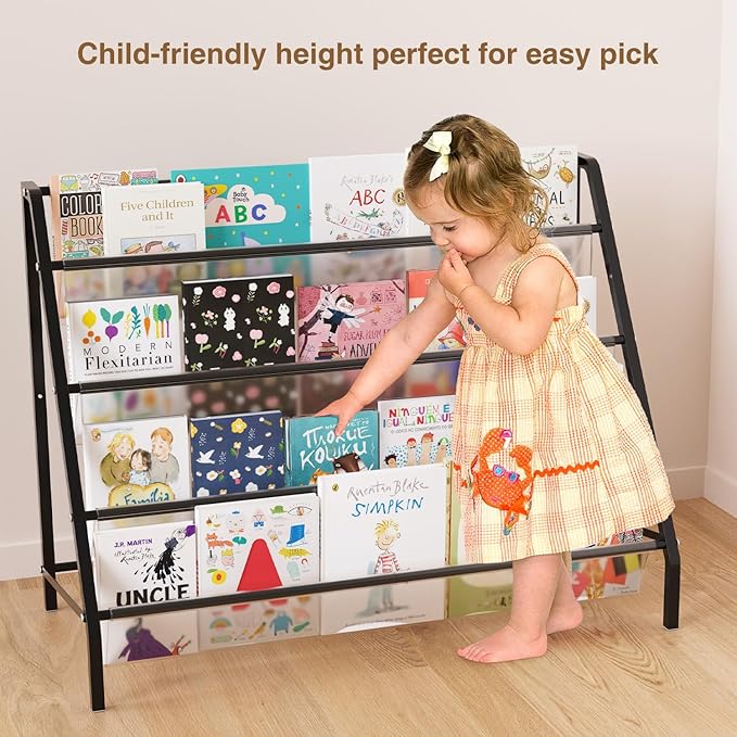 High-Transparent 4 Tier Kids Bookshelf, Sturdy Metal Large Size Book Rack Storage for Kids (Black)