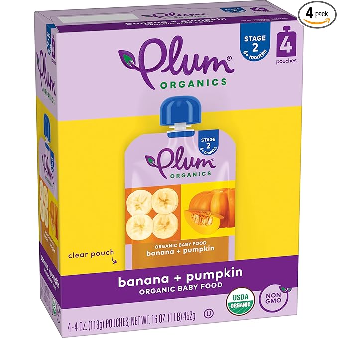 Plum Organics Stage 2 Organic Baby Food - Banana and Pumpkin - 4 oz Pouch (Pack of 4) - Organic Fruit and Vegetable Baby Food Pouch