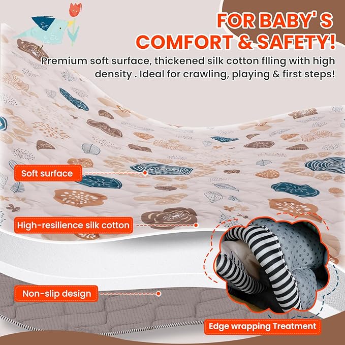 Duwenem Baby Play Mat for Floor,50x50 Inch Soft Padding Crawling Mat for Playpen, Foldable and Machine Washable, Thick for Babies & Toddlers,Boho Flower