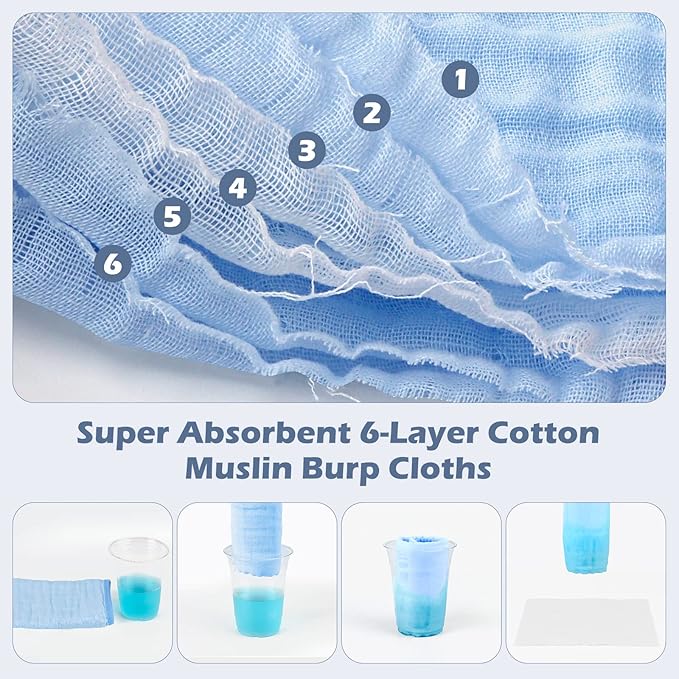 Maliton Baby Boy Muslin Burp Cloths 6 Pack Large 20''x10'' 100% Cotton Burp Rags Absorbent and Soft 6 Layers Baby Spit Up Rags Newborn Boy Essentials(Blue, Pack of 6)
