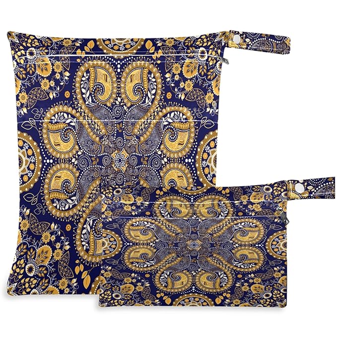 visesunny Golden Paisley Pattern 2Pcs Wet Bag with Zippered Pockets Washable Reusable Diaper Bag for Travel,Beach,Pool,Daycare,Stroller,Diapers,Dirty Gym Clothes, Wet Swimsuits, Toiletries