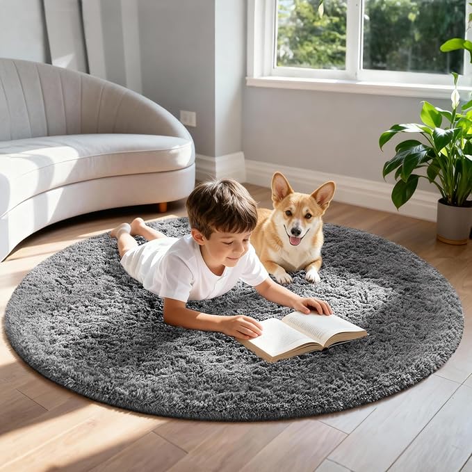 Ophanie Area Rugs for Bedroom Living Room,Color 1- Grey,Size 5',Shape Round