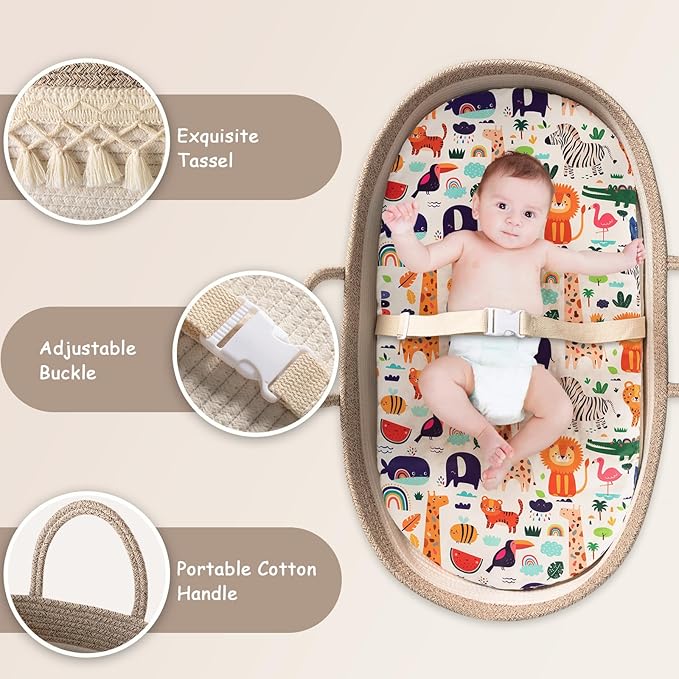 Baby Changing Basket, Boho Moses Baskets for Newborn, Baby Basket for Baby Dresser, Diaper Changing Basket for Baby with Diaper Caddy, Cartoon Changing Pad, Waterproof Sponge Cushion, Storage Bag