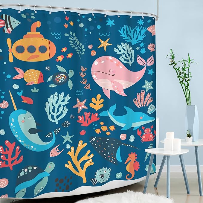 Navy Blue Kids Shower Curtain 60Wx72H Kid Ocean Summer Cartoon Whale Cute Funny Fish Sea Animal Underwater Submarine Coastal Bathroom Decor Boy Girl Bath Curtain Polyester 12 Pack Hooks
