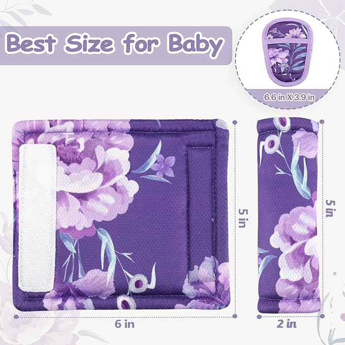 WINGHENLEE Baby Car Seat Strap Pads Suit, 3 Pieces Soft Car Seat Strap Shoulder Covers for Baby Infant Toddler, Double-Sided Car Seat Belt Covers for Stroller, Pushchair, Baby Swing, Purple Floral