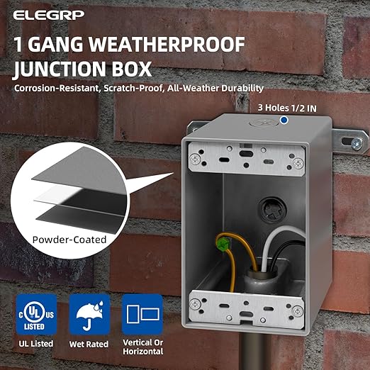 ELEGRP Outdoor GFCI Outlet Kit, with Weatherproof Cover and Box, 1 Gang, 20 Amp TRWR Self-Test GFI Receptacle, Vertical Outdoor Cover, Extra Duty Metallic Electrical Outlet Box, UL Listed, 1 Pack