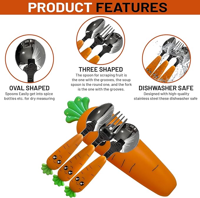 Carrot-Shaped Kids Cutlery Set – 3-Piece Toddler Utensil Set with Spoon, Fork & Fruit Scraper Spoon – Fun Baby Utensils with Carrot Handle and Matching Storage Case