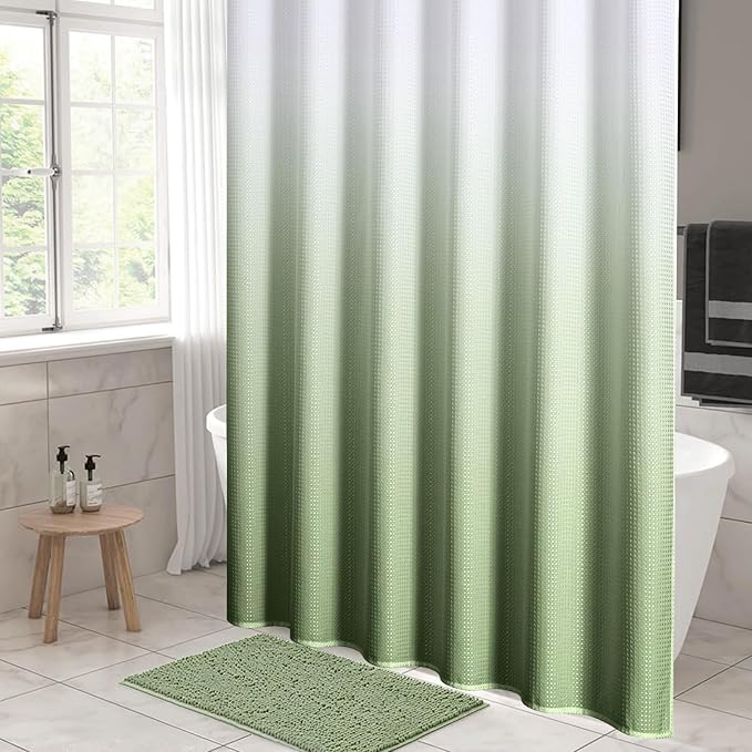MitoVilla Sage Green Ombre Waffle Small Stall Shower Curtain 36 x 72, Half Size Fabric Narrow Shower Curtains for Bathroom Decor, 36 inch Weighted Shower Curtain Set with Plastic Hooks
