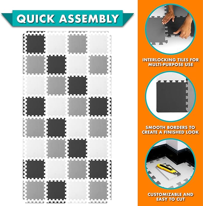 ProSource Baby Play Mat, Soft Foam Floor Tiles for Kids, Interlocking EVA Panels for Playpen Use, Crawling Development Surface, Safe Non-Toxic Toddler Flooring, 32 Tiles, Black/Gray/White