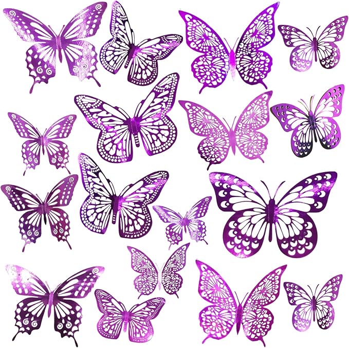 JOSDIOX 3D Puple Butterfly Wall Stickers - 48 Pcs with 4 Styles & 3 Sizes, Removable Decor for Party Birthday Wedding Cake Balloon Decoration (48 Puple)