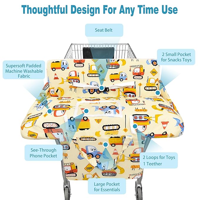 Shopping Cart Cover for Baby,2-in-1 High Chair Cover Soft,Portable, and Machine Washable,Comfortable Cotton Seat Pad with Safety Harness and Portable Cloth Bag,Fits All Supermarkets and Restaurants