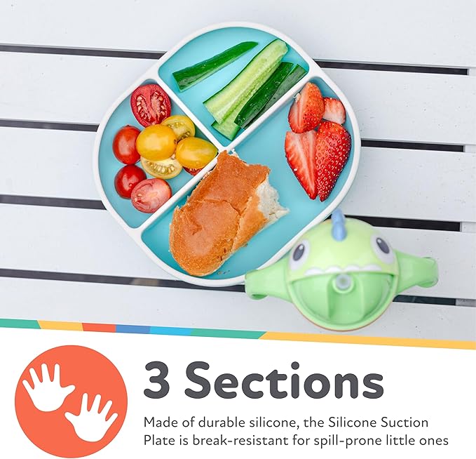 Nuby Silicone Rectangle Suction Plate with Lid - Dishwasher-Safe Baby and Toddler Plate - 6+ Months - Blue and Yellow - Back to School Essentials