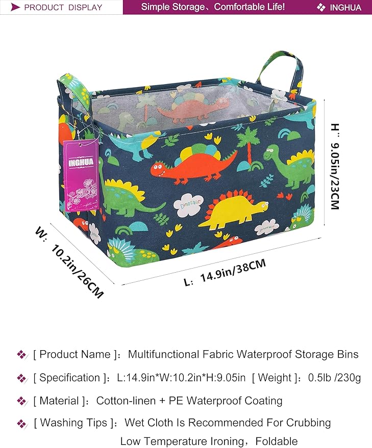 INGHUA Rectangular Storage Basket Fabric Organizer Bin for Toys,Books,Clothes,Gifts,Pets-Perfect for Home,Office,Nursery,Dorm,Shelf(Rec Forest Dinosaurs)
