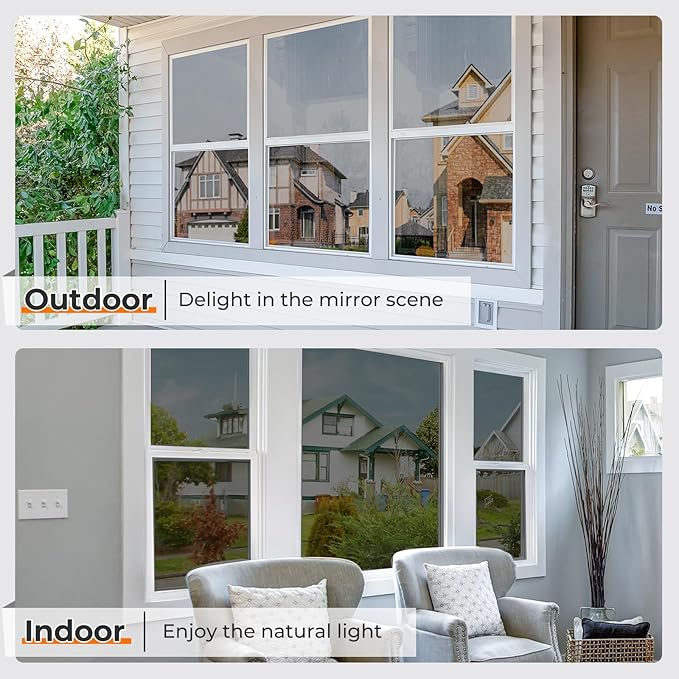 DOWELL Window Privacy Film, One Way Window Tint for Home, Static Cling Anti UV Sun Blocking Reflective Mirror Film, Heat Control See Out Not in Glass Tinting, Black Silver, 35.4" x 118.1"