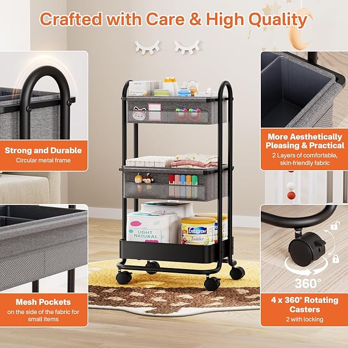 Baby Diaper Caddy Organizer Cart - 3 Tier Rolling Storage Cart with Wheels, Baby Essentials for Nursery Storage, Detachable Dividers - for Crib, Bedroom, Art & Craft Organizer (Black)