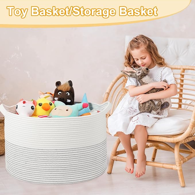 Large Girl Laundry Basket,20''x13''Woven Cotton Rope Laundry Hamper,Baby Blanket Basket for Living Room;Toy storage;Woven basket;Nursery Hamper,Storage Bin,Home Room Decor (White)