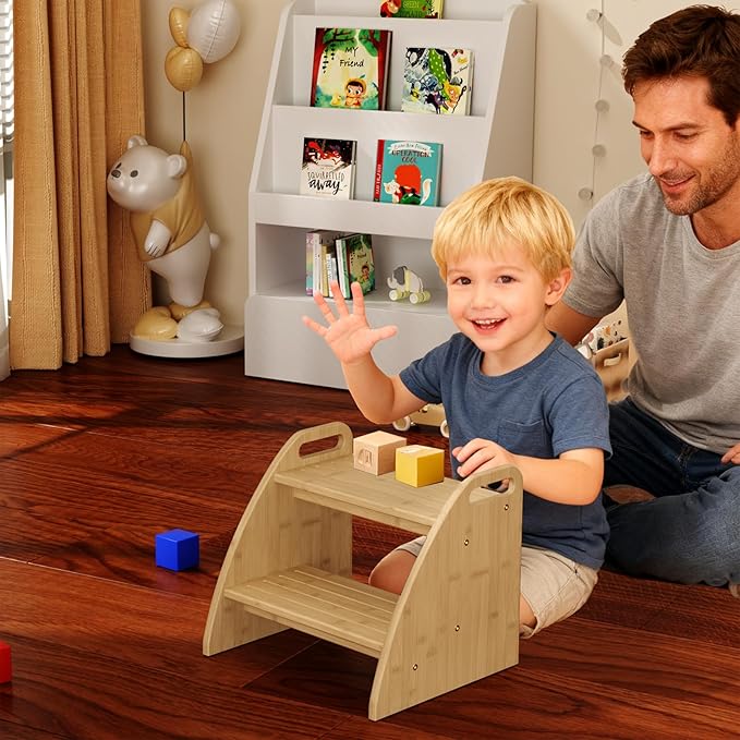 Step Stool for Toddlers, Two Stepping Stool Toddler 300lbs Capacity, with Non-Slip Handles and Pads,Bamboo Kids Step Stool for Bathroom Sink, Perfect Natural Wooden Step Stool for Kitchen