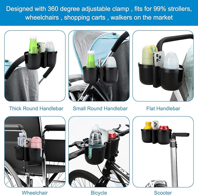 Accmor Stroller Cup Holder with Phone Holder, Bike Cup Holder, Universal Cup Holder for Uppababy Nuna Doona Strollers, 2-in-1 Cup Phone Holder for Stroller, Bike, Wheelchair, Walker, Scooter