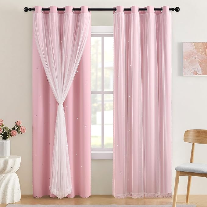 XiDi Star Blackout Curtains for Bedroom 72 Inch Length 2 Panels Pink Curtains with Sheer Overlay for Girls Kids Privacy Thermal Insulated Rod Pocket Window Curtains for Patio French Door W34 x L72