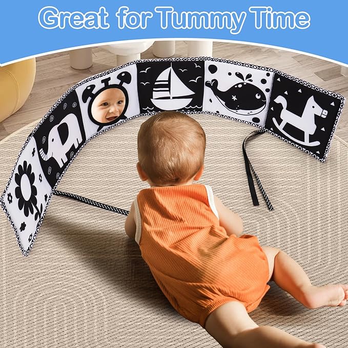 Black and White High Contrast Toys for Baby 0-3 3-6 months Infant Tummy Time Soft Book Sensory Musical Toy 0-2-4-6 month Babies Brain Development Crinkle Book Mirror Newborn Easter Basket Stuffer