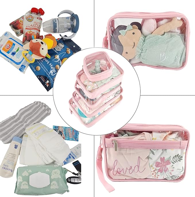 Llama Bella 5 Piece Diaper Bag Organizer Pouch Set, Clear with Straps and Pacifier Case - Pink
