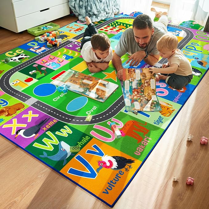 HOMORE Kids Educational Rug, 8x10 Kids Collection Area Rug for Learning Alphabet, Numbers, Colors, Season and Animal Words, Playmat for Classroom Playroom,Green