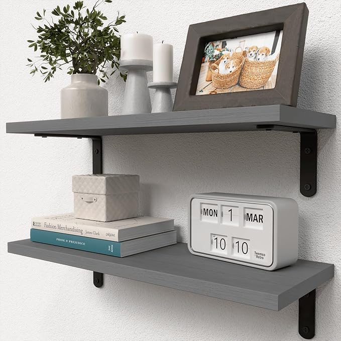 RICHER HOUSE Rustic Wood Bathroom Shelves Set of 2, Farmhouse Style Floating Shelf for Wall Décor, Hanging Shelves for Bedroom, Storage, Kitchen, Living Room - Grey