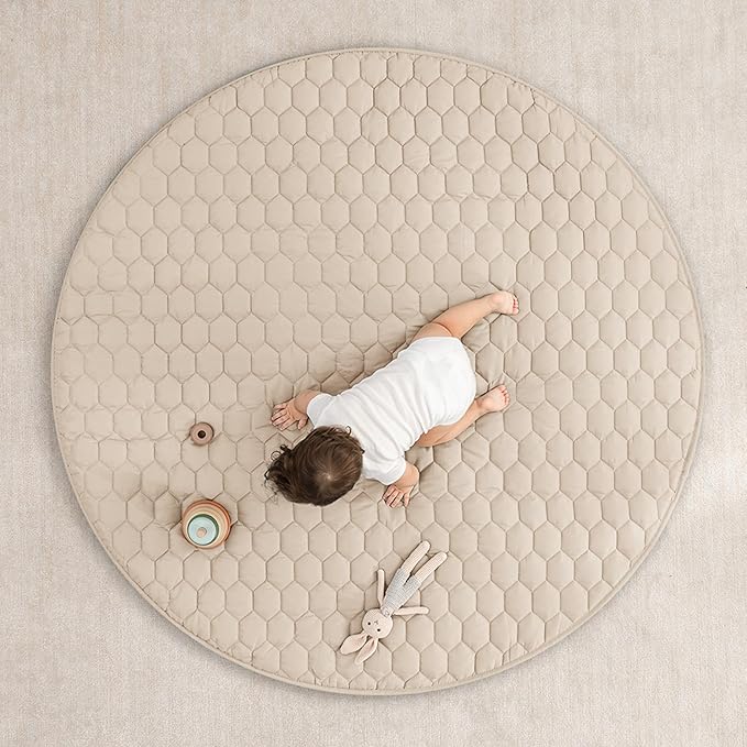Comfy Cubs Round Kids Play Mat - Large 60 inches Soft Quilted Baby Floor Mat with Non-Slip Bottom - Plush Design for Toddlers' Playtime - Comfortable and Durable - Sand