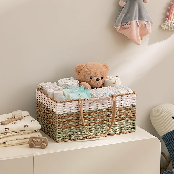 HBlife Large Baby Diaper Caddy Organizer, Paper Rope Storage Baskets Nursery Bin with Removable Divider, Portable Car Organizer for Diapers, Baby Shower Gifts, Newborn Essentials Must Haves