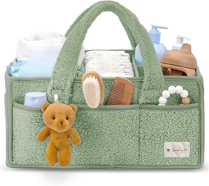 Sweety Fox Baby Diaper Caddy Organizer with Handle - Portable Sherpa Nursery Basket - Car Diaper Organizer, Cleaning Caddy, Gift for Baby Shower - Green