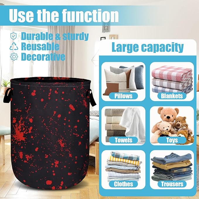 Blood Splattered Laundry Basket, Laundry Hamper Collapsible Oxford Cloth with Handle Clothes Toy Storage Bin for Bathroom Laundry Room Bedroom 15.7 X 20 Inch