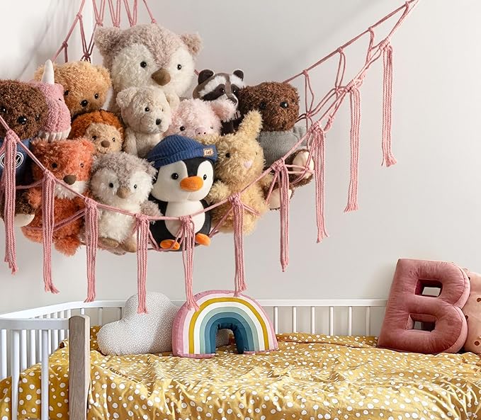 Stuffed Animal Storage Hammock or Net Corner - Large Toy Hammock Net for Stuffed Animals Room Decor - Cute Stuff Animal Organizer Plush Holder - Kids Baby Nursery Essentials Wall Bedroom Home Decor