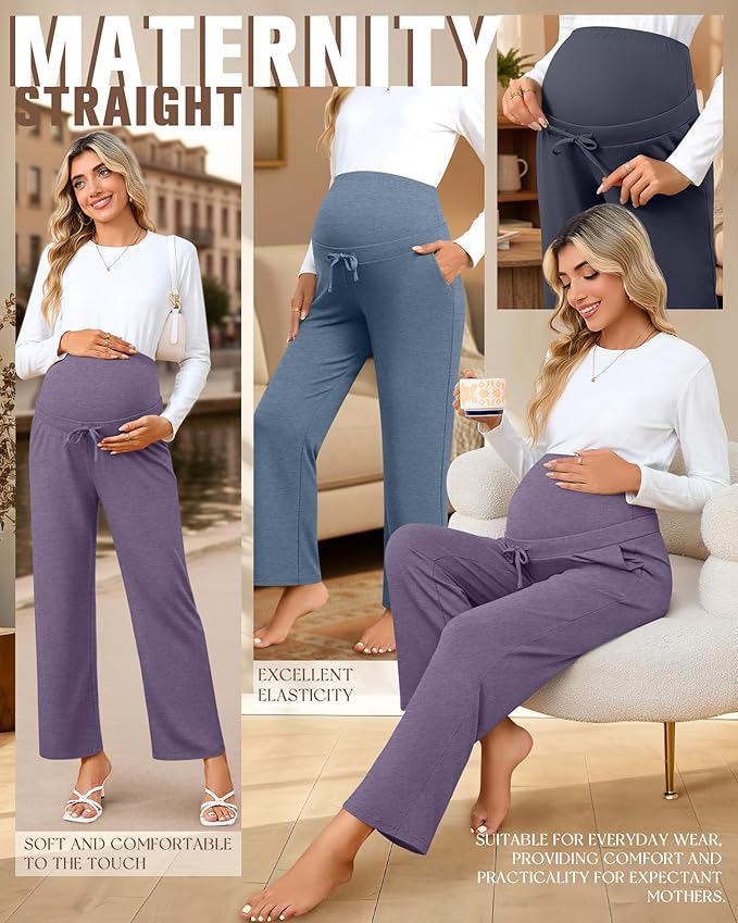 3 Pcs Maternity Sweatpants Over The Belly Pregnancy Straight Wide Leg Elastic Drawstring Pants Joggers with Pockets
