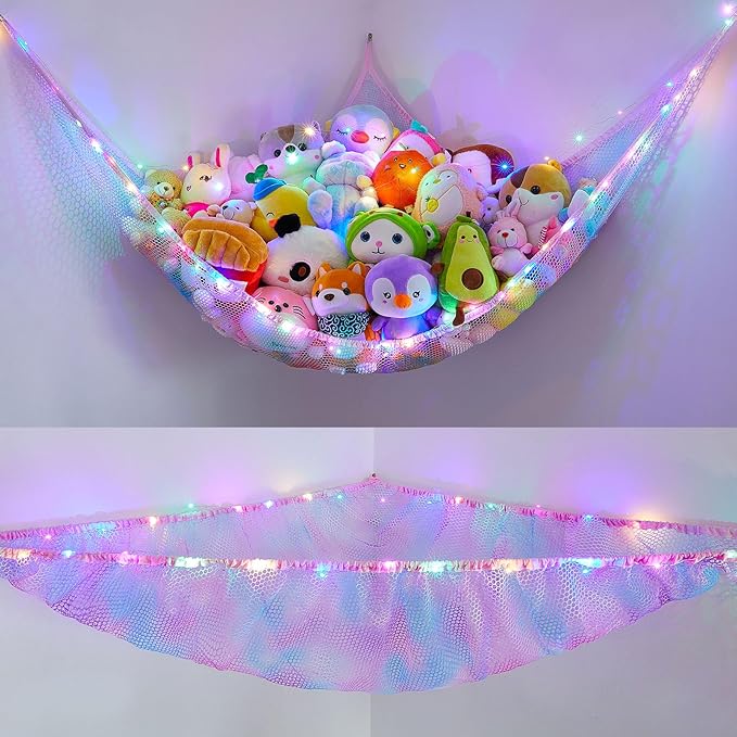 Unicorn Castle Stuffed Animals Net or Hammock Kids Toy Storage Organizer with LED Light Hanging Corner Stuffed Animals Holder Kids Girls Room Decor,Blue-Purple,Large (Pack of 1)