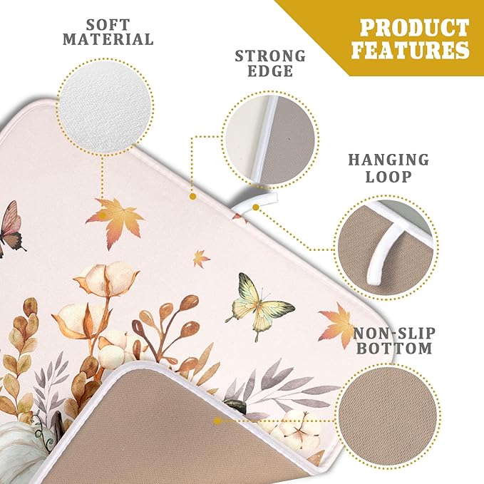 Fall Pumpkin Maple Dish Drying Mat for Kitchen Counter,Autumn Butterflies Harvest Drying Mat 16 x 18 Inch with Absorbent Reversible Microfiber Dish Drying Pad Dish Rack Drainer Mat for Coffee Bar