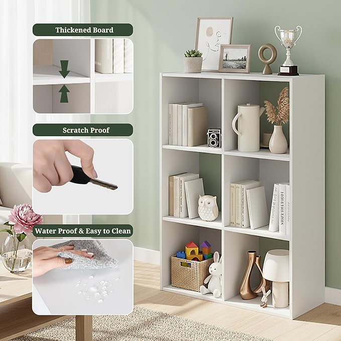 6-Cube Storage Organizer, White Bookshelf with Open Compartments for Home Office, Modern Bookcase Display Shelf for Living Room, Bedroom & Entryway