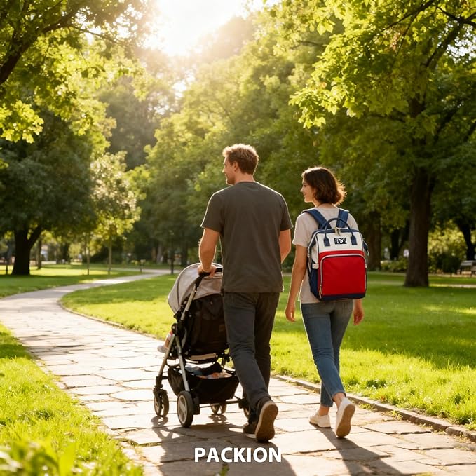 Packino Diaper Bag Backpack for Women - Multifunction Travel Essentials Baby Diaper Bag with Changing Pad, Large Backpack Baby Girl Boy, Insulated Bottle Holders & Stroller Straps (Red+Blue)