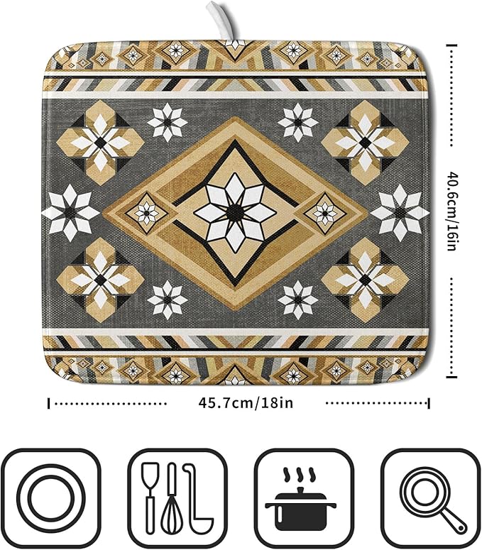Boho Yellow Gray Aztec Dish Drying Mat for Kitchen Counter,Native American Tribal Aztec Ethnic Boho Style Drying Mat 16 x 18 Inch Microfiber Dish Drying Pad Dish Rack Pad Drainer Mat for Coffee Bar
