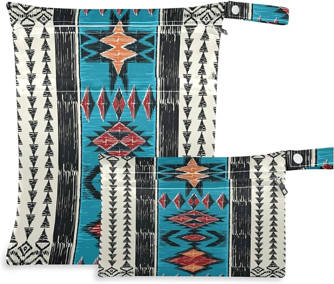 visesunny Tribal Aztec Geometric Pattern 2Pcs Wet Bag with Zippered Pockets Washable Reusable Roomy for Travel,Beach,Pool,Daycare,Stroller,Diapers,Dirty Gym Clothes, Wet Swimsuits, Toiletries