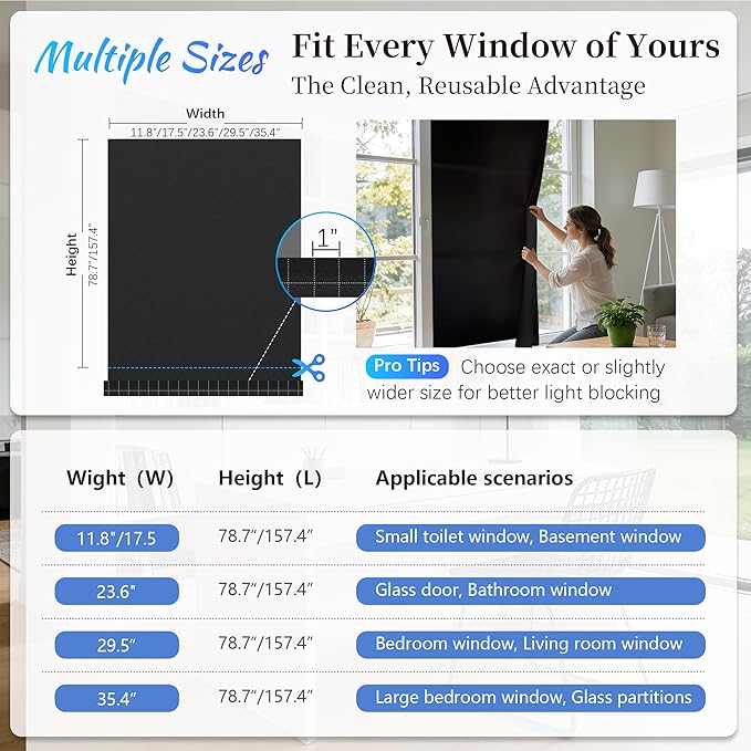 Finnez Blackout Window Privacy Film 100% Light Blocking UV Protection, Removable Static Cling Non-Adhesive Frosted Window Tint for Home Nursery Office Rental Elderly Pet Family