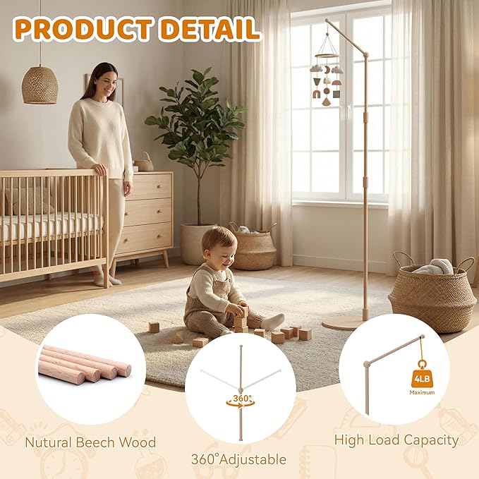 Floor-Standing Crib Mobile Arm,44.5-61 Inches Adjustable Height Natural Beech Wood, Baby Mobile Holder Hanger for Crib/Bassinet/Playpen, Easy Assembly Unisex Nursery Decor
