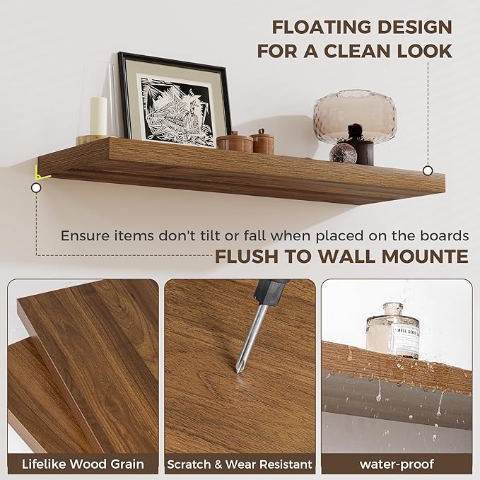 Fun Memories Deep Floating Shelves, 36" W x 12" D Wood Floating Shelves for Wall, 2 Pack Extra Deeper & Thicker Wall Mounted Storage Shelf for Living Room Laundry Room Kitchen Home Office, Walnut