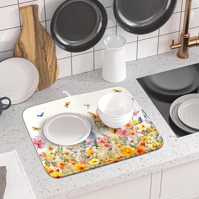 Spring Easter Rabbit Dish Drying Mat for Kitchen Counter,Colorful Flowers Butterflies Drying Mat 16 x 18 Inch with High Absorbent Microfiber Drainer Mat for Coffee Bar