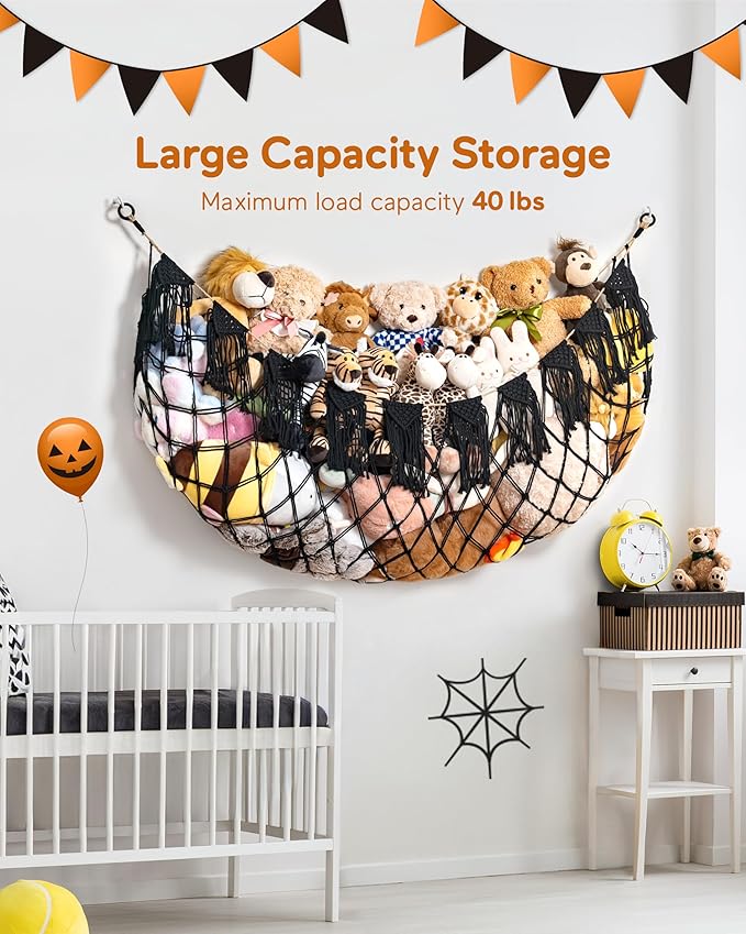 Boho Macrame Stuffed Animal Hammock with LED Lights – Large Wall Hanging Plushie Net, Corner Toy Organizer for Kids Bedroom, Nursery, Playroom & Dorm (Black XXL)