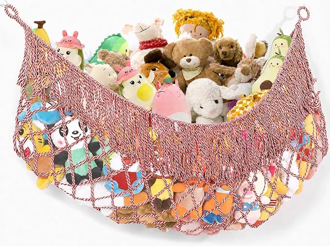 Stuffed Animal Hammock - Extra Large 63'' Long, Stuffed Animal Storage, stuffed animal Holder net, Hammock Large, Storage Hanging Organizer - red-white