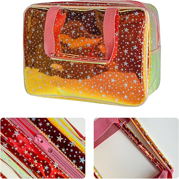 Holographic Brown Clear Star Large Cosmetic Bag and TPU Travel Pouch with Handle,Durable Material,Zipper Design-Ideal for Makeup,Travel Essentials (Brown)