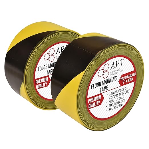 APT Premium Durable Black & Yellow Striped Safety Marking Tape (2 Rolls of 2" x 99Ft (33 Yds)) Hazard Caution& Warning, Social Distancing, Warehouse & Gym Floor