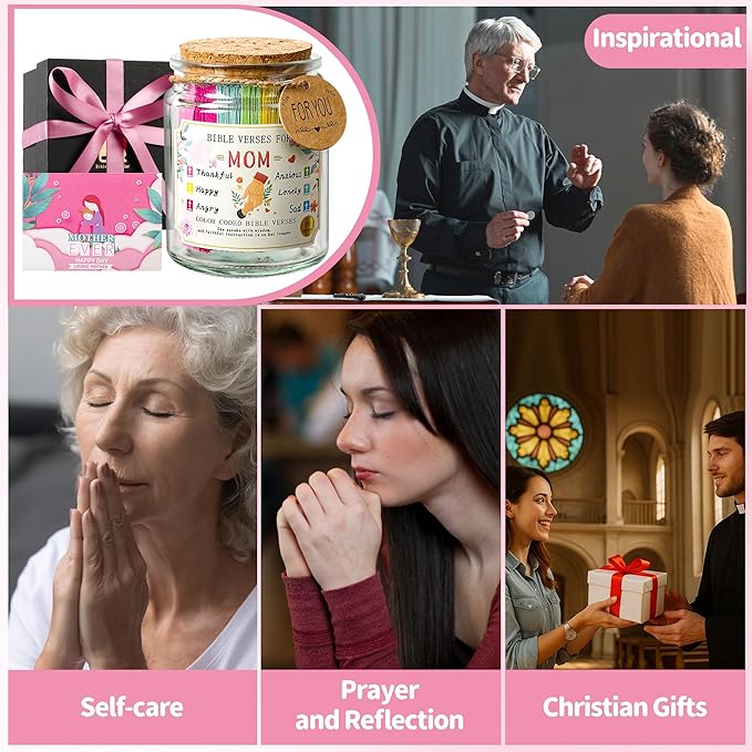 Bible Verse Jar for Mom, Bible Verses in A Jar for Emotional Support and Inspiration,Birthday & Mothers Day Gift for Mom,Christian Gift for Women, Prayer Cards With a Ribbon & Greeting Card