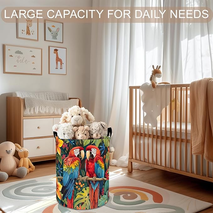 Colorful Parrot Laundry Basket Hamper 19.7"x15.8", Birds Foldable Waterproof Oxford Clothes Storage Bucket for Room Bathroom Bedroom Nursery Decor, Toy Organizer Bins Gifts for Kids Boys Girls